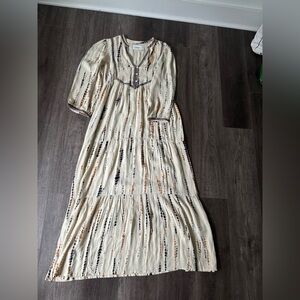 ba&sh Cream Tiered Maxi Dress with Navy and Rust Print